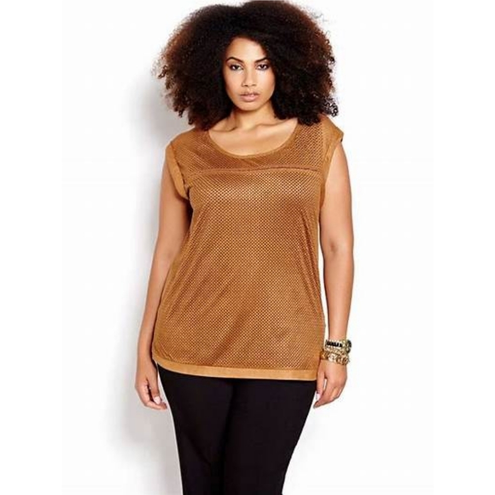MICHEL STUDIO Faux Suede Laser Cut Cap Sleeve Top Brown Womens Plus Size 1X